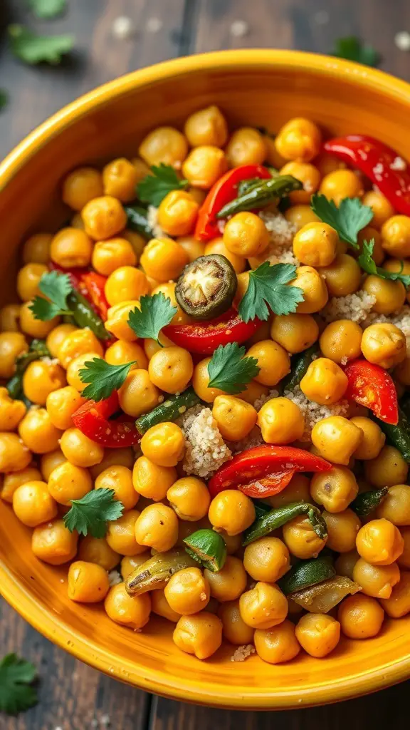 A colorful bowl of chickpea stir-fry with red peppers, green beans, and fresh herbs.