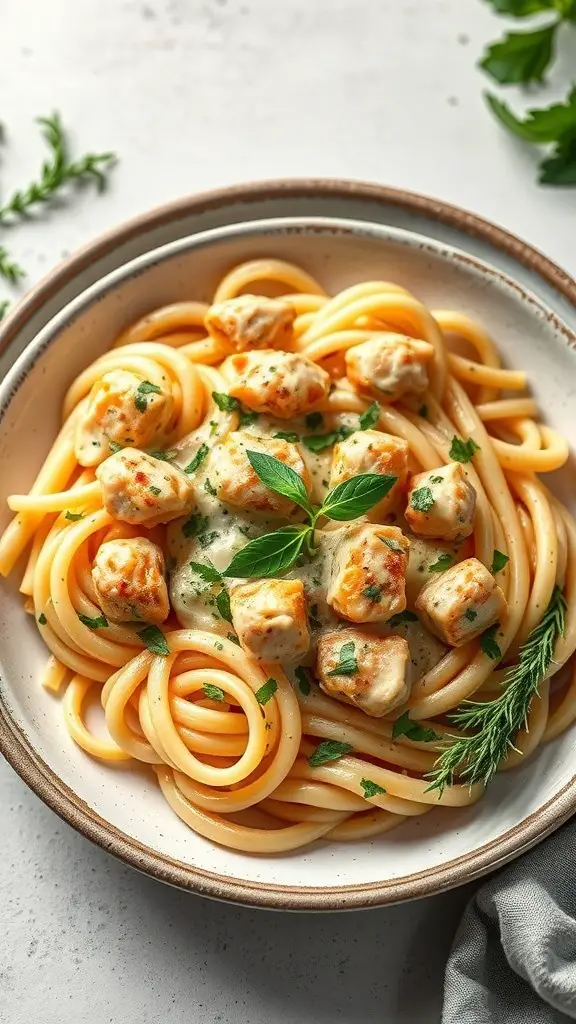 A bowl of creamy Tuscan chicken pasta with herbs on top
