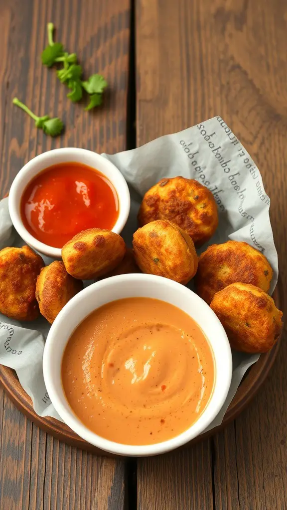 A plate of crispy chickpea fritters with two dipping sauces.
