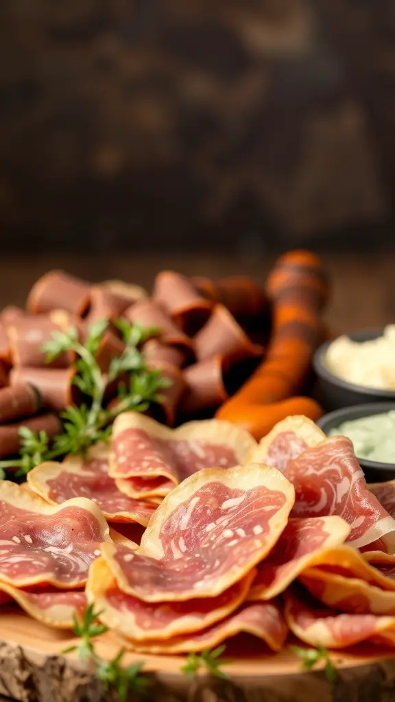 A variety of cured meats displayed on a wooden board, including prosciutto and salami, garnished with herbs.