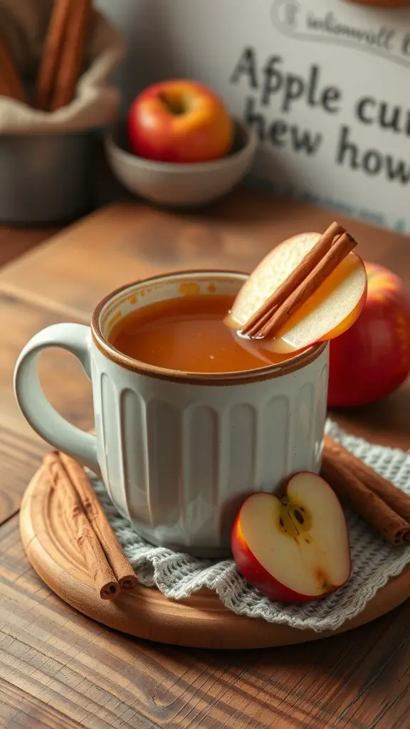 A cup of warm apple cinnamon juice garnished with an apple slice and cinnamon stick, surrounded by fresh apples and cinnamon sticks.