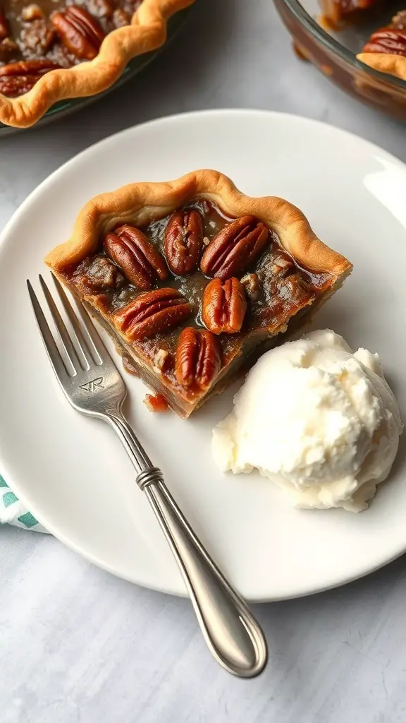 A slice of maple pecan pie with a scoop of vanilla ice cream on a white plate.