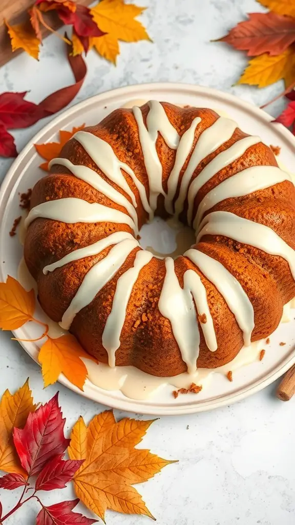 A Harvest Spice Cake with Cream Cheese Glaze surrounded by autumn leaves