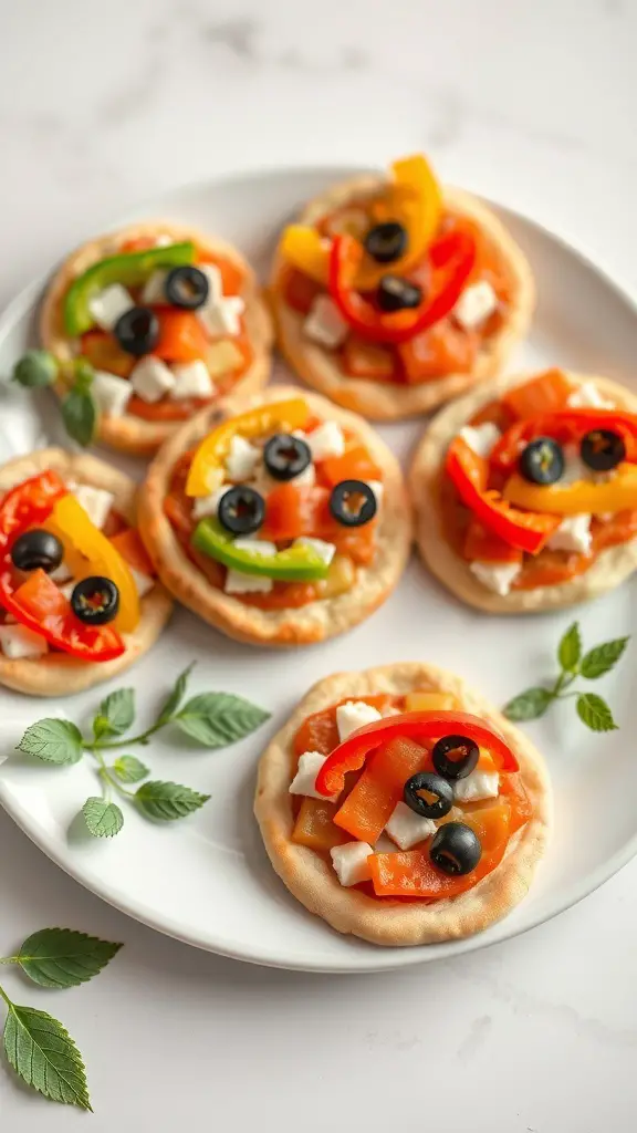 A plate of mini veggie pizzas topped with colorful vegetables.