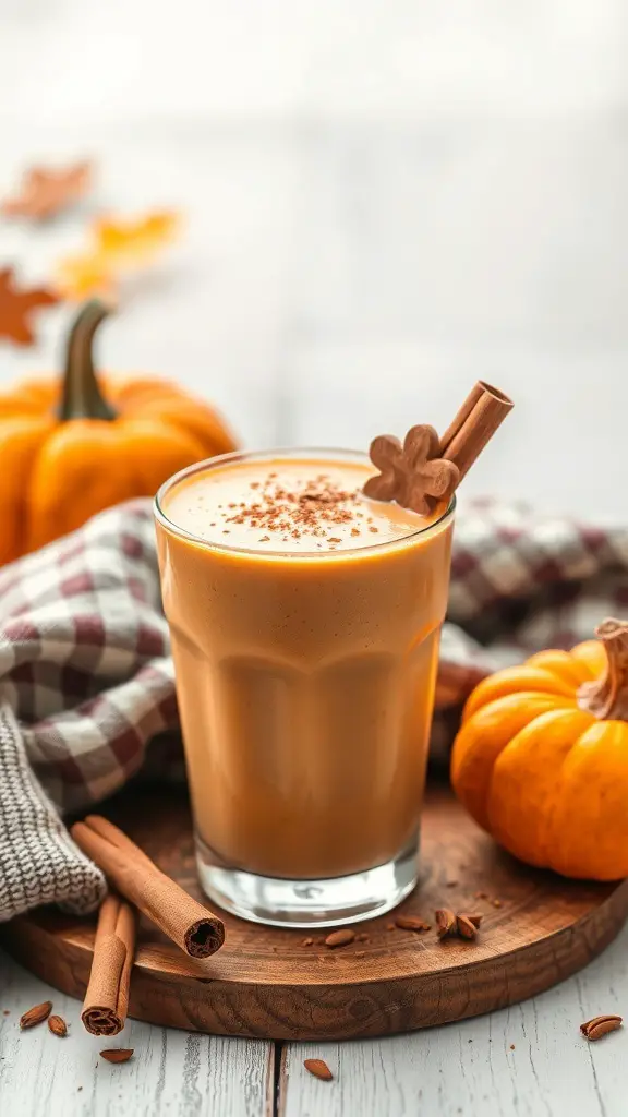 A creamy spiced pumpkin pie smoothie in a glass, garnished with cinnamon and surrounded by small pumpkins and a cozy plaid cloth.