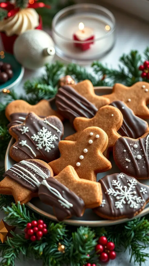 A plate of chocolate-dipped gingerbread cookies decorated with icing and surrounded by festive decorations.