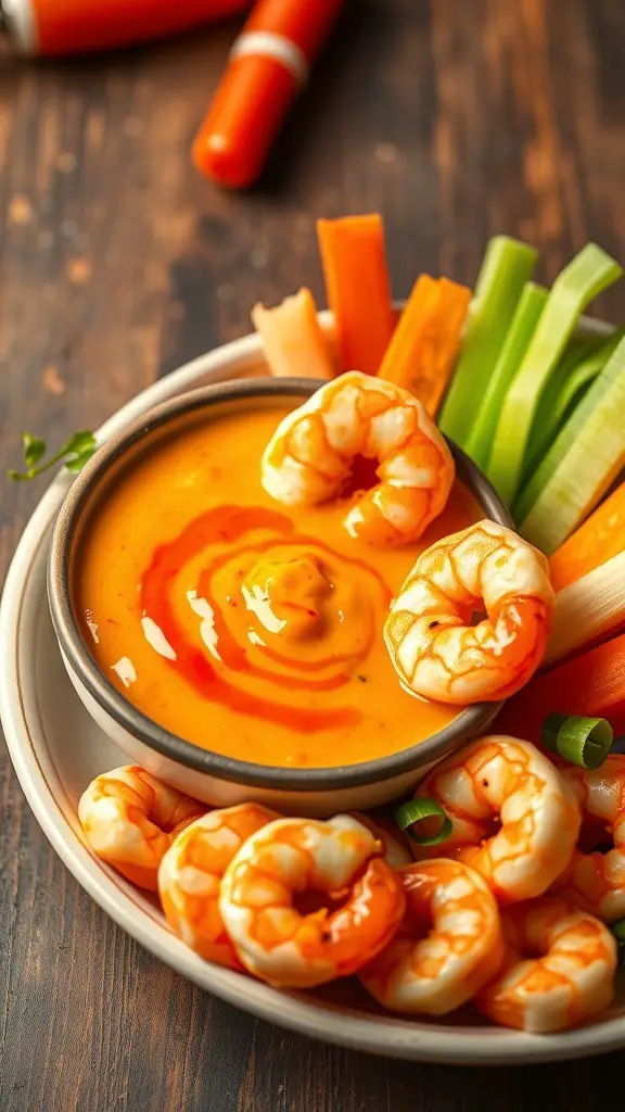 A bowl of spicy Sriracha mayo surrounded by shrimp and fresh vegetables