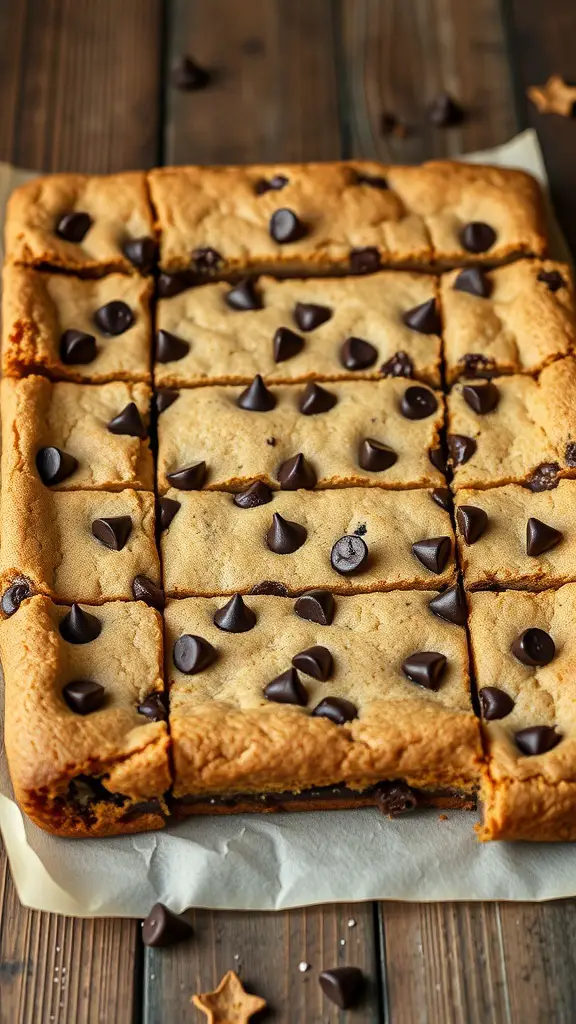 A tray of chocolate chip cookie bars cut into squares, topped with chocolate chips.