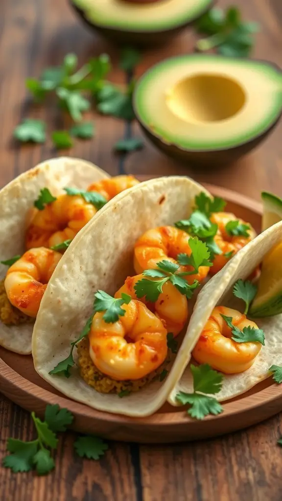 Delicious air fryer shrimp tacos with cilantro and avocado on a wooden plate.