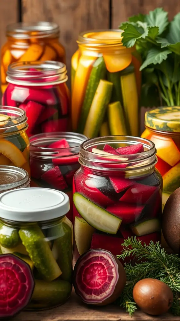 Various jars of pickled vegetables including cucumbers, beets, and carrots.