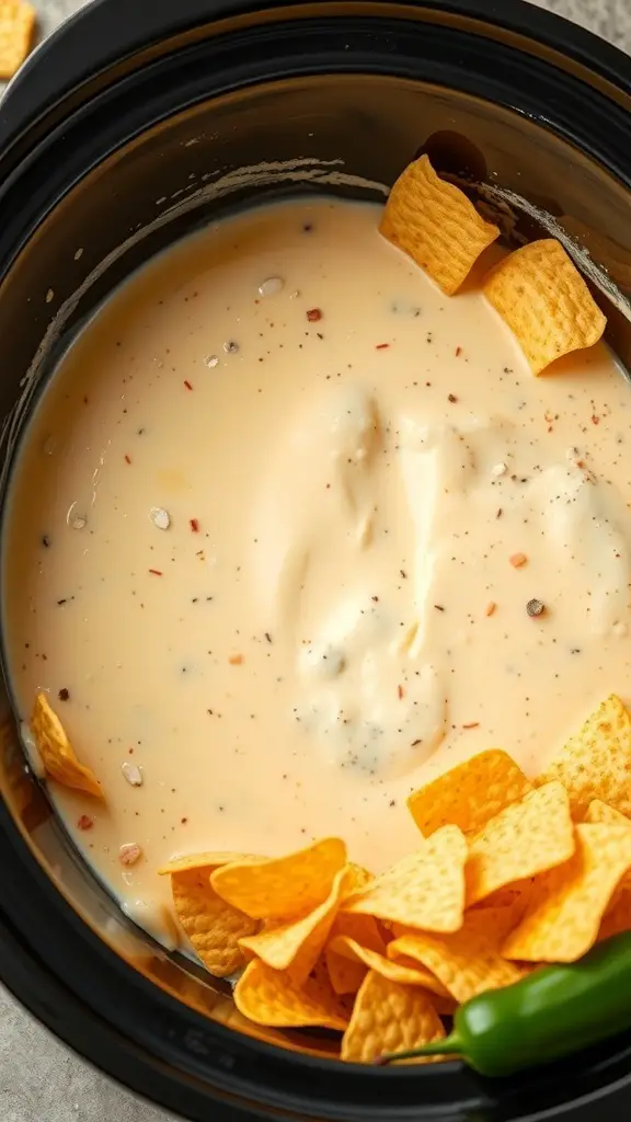 Crockpot filled with creamy nacho cheese dip and tortilla chips