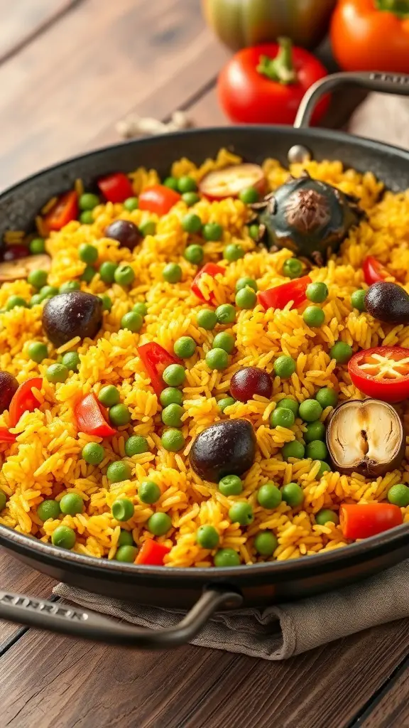 A colorful vegetable paella with rice, peas, bell peppers, and mushrooms in a pan.