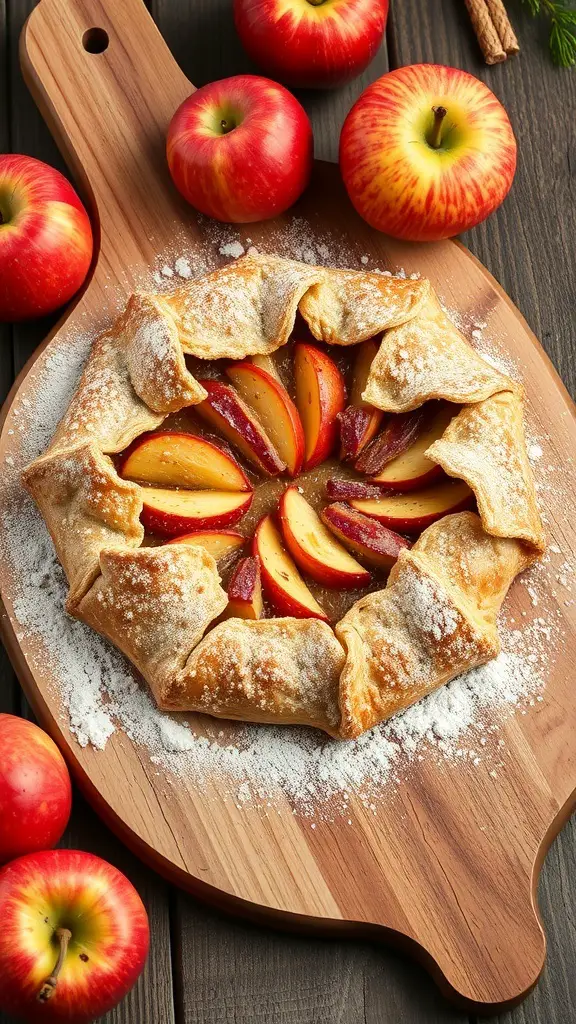 A rustic apple cinnamon galette on a wooden board, surrounded by fresh apples.