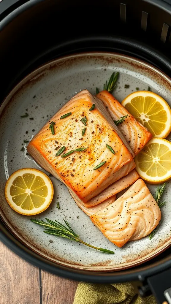 Air fryer salmon fillet with lemon slices and herbs