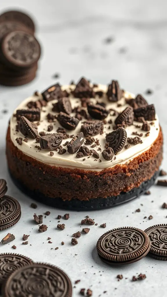 A classic Oreo cheesecake topped with crushed Oreos, surrounded by whole Oreos on a light background.