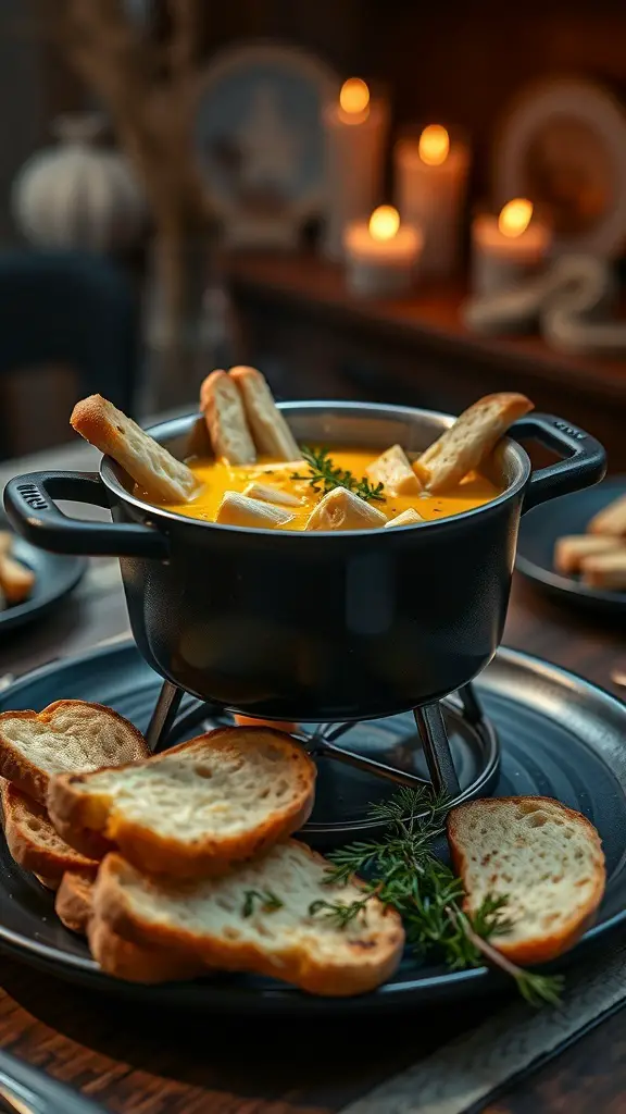 A pot of cheesy garlic bread fondue surrounded by toasted bread slices.