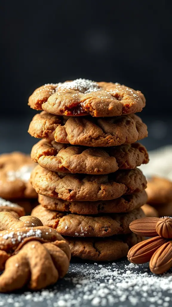 A stack of chewy molasses ginger cookies, dusted with powdered sugar, with some cookies in the foreground and almonds beside them.