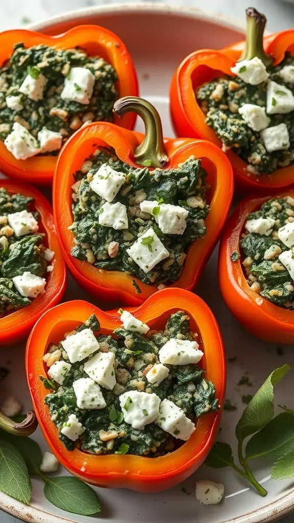 Colorful red bell peppers stuffed with spinach and feta cheese mixture.
