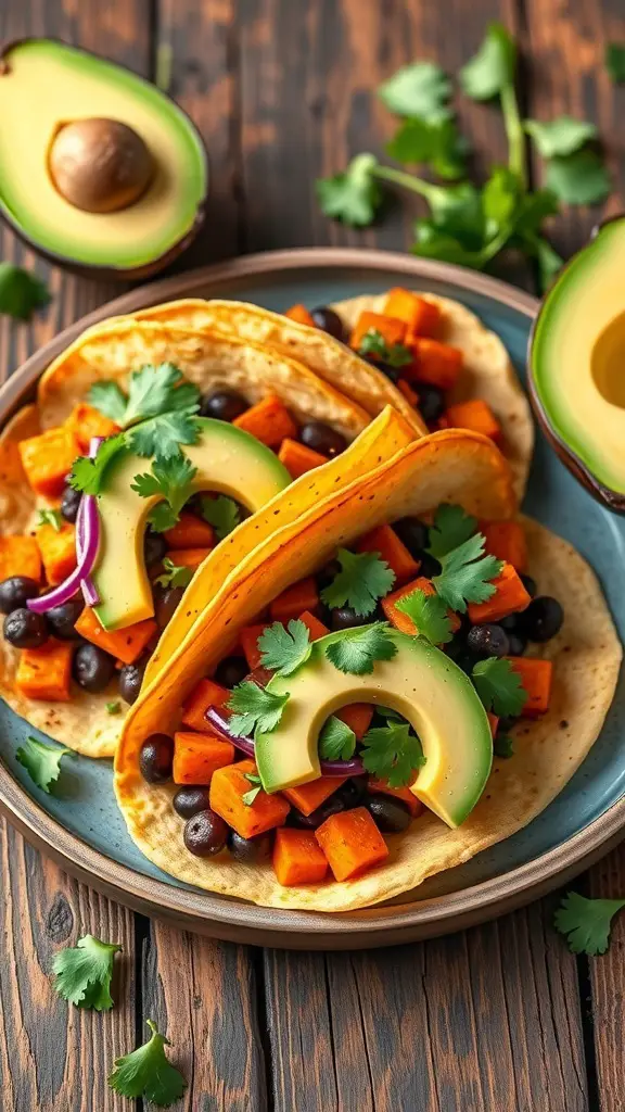 Sweet potato and black bean tacos topped with avocado and cilantro on a wooden table.