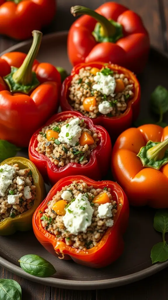 Colorful Mediterranean stuffed peppers filled with grains and vegetables