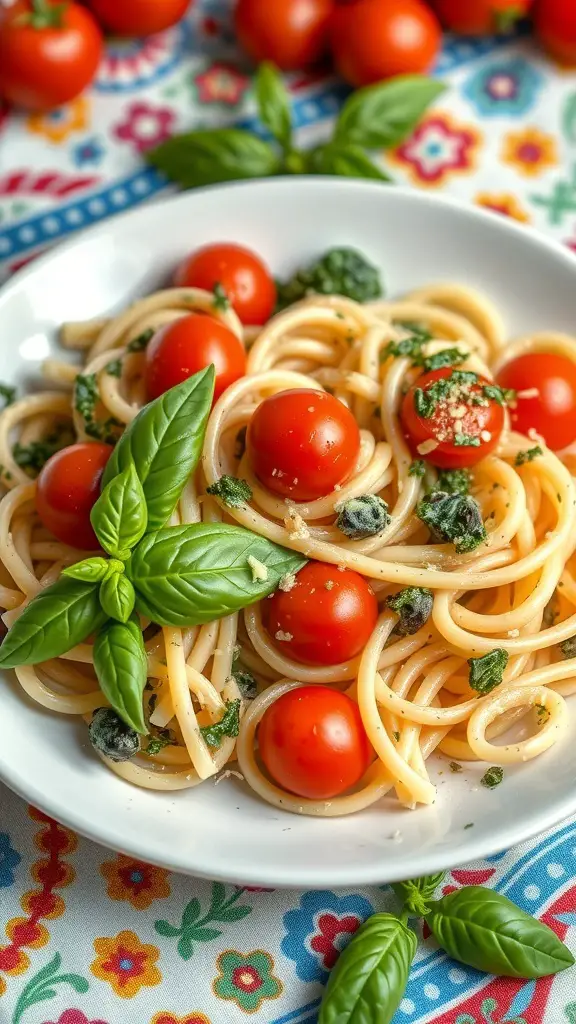Creamy pasta salad with pesto and cherry tomatoes on a colorful tablecloth