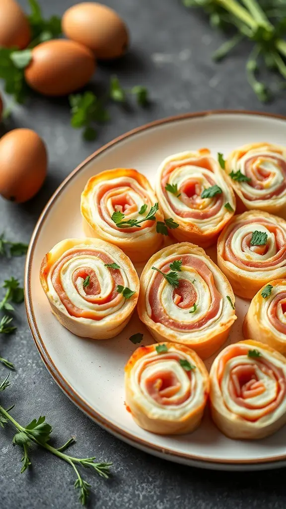 A plate of ham and cheese pinwheels garnished with parsley, surrounded by fresh ingredients.