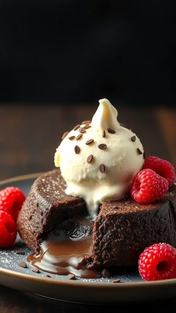A delicious chocolate lava cake with a scoop of vanilla ice cream and fresh raspberries