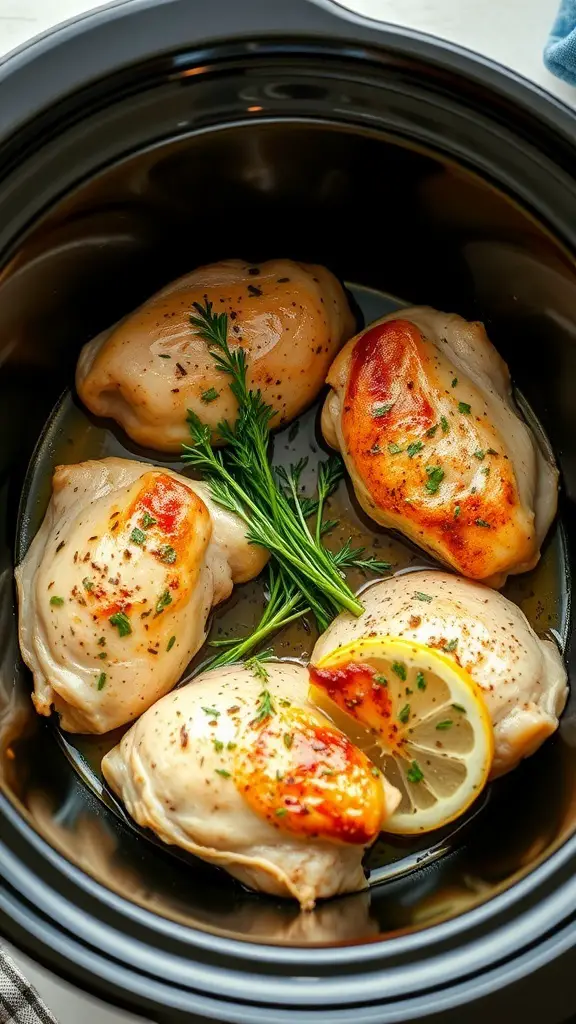 Crockpot with chicken thighs, lemon slices, and herbs