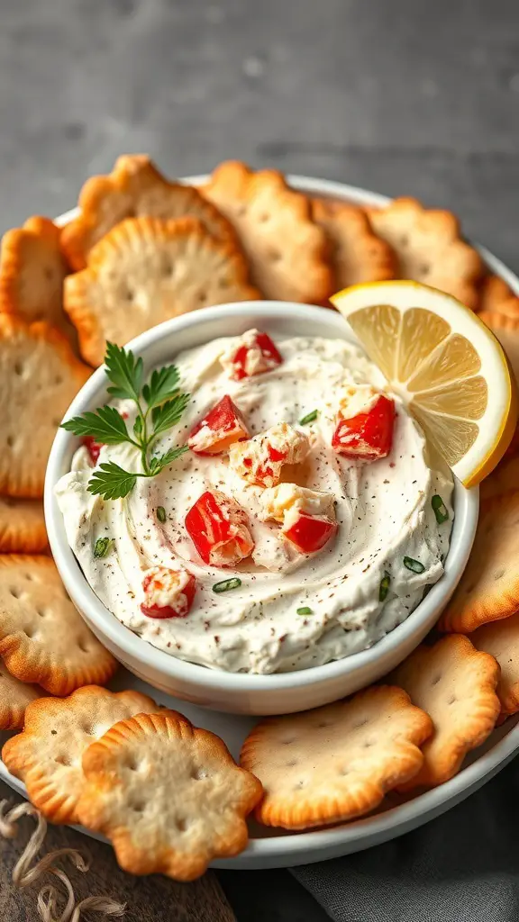 A bowl of lobster and cream cheese spread surrounded by crackers, garnished with herbs and lemon.