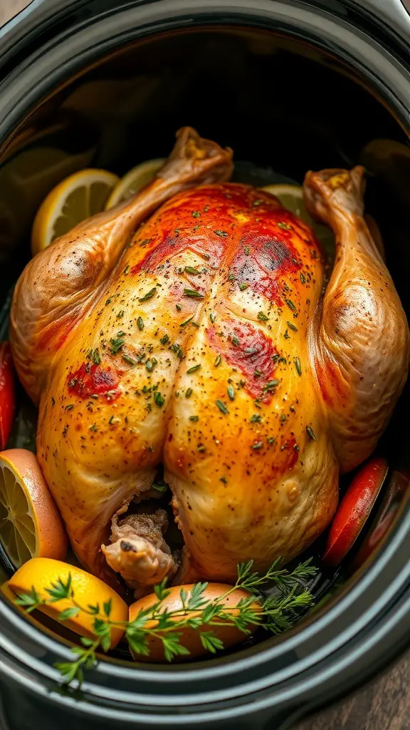 A whole roasted chicken in a crockpot, surrounded by lemon slices and herbs.