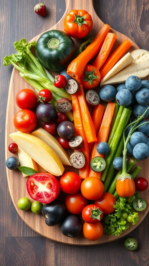 A vibrant assortment of fresh vegetables and fruits on a wooden platter, including carrots, tomatoes, and blueberries.