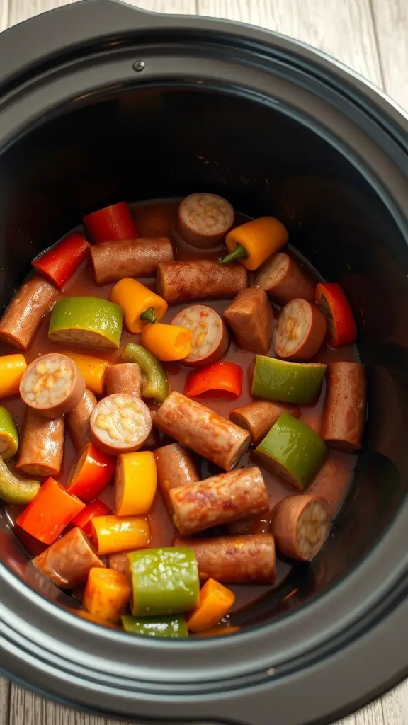 A crockpot filled with spicy sausage and colorful bell peppers.