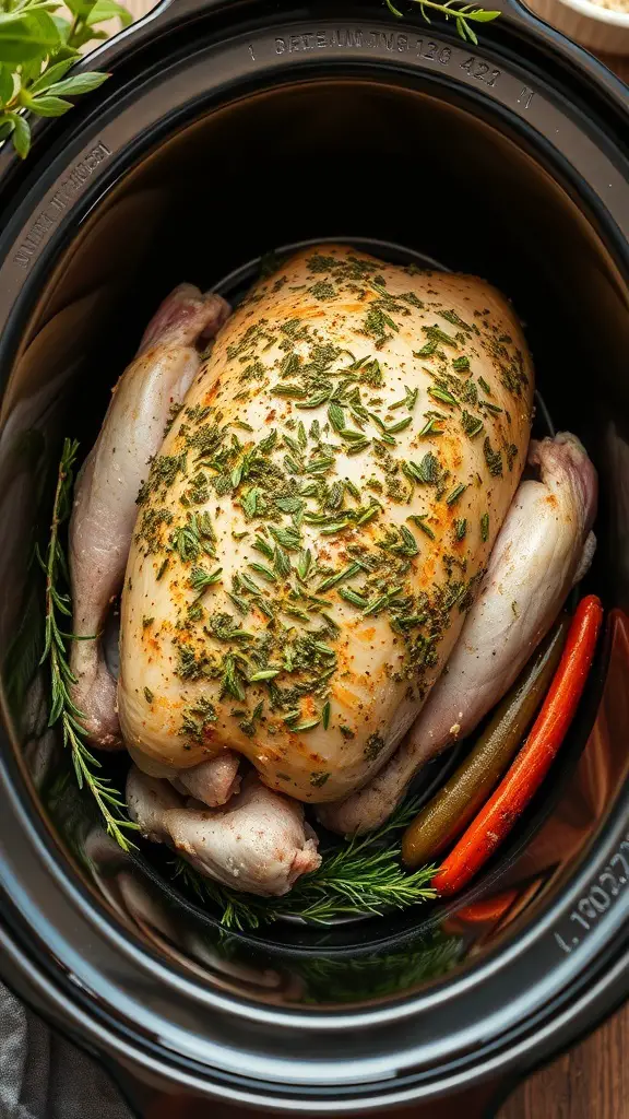 A seasoned turkey breast in a crockpot with herbs and vegetables.