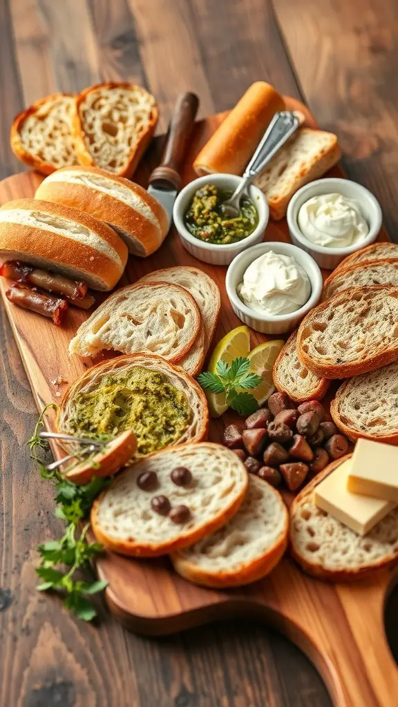 A wooden charcuterie board with various artisan breads, spreads, and garnishes.