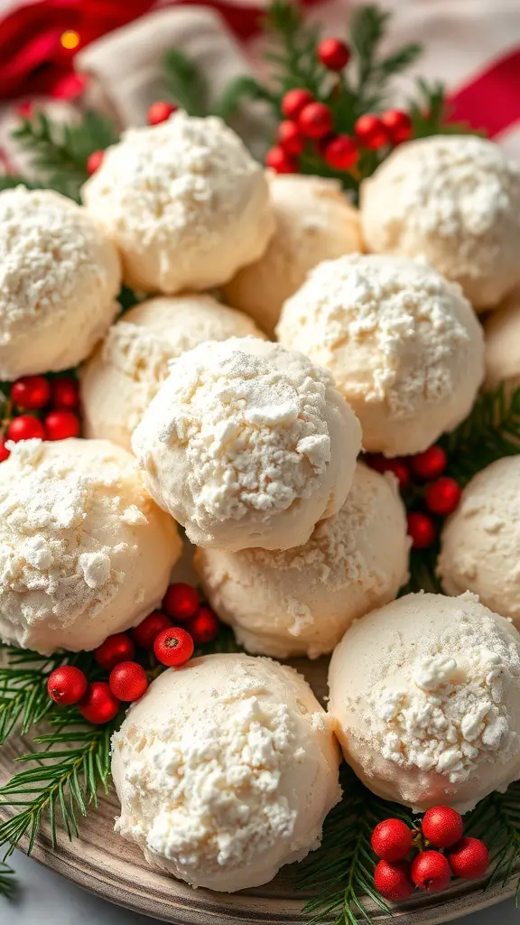 A platter of snowy coconut macaroons surrounded by festive greenery and red berries.