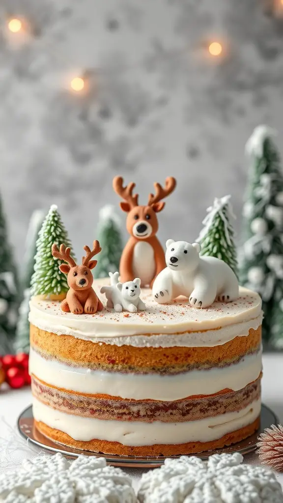 A winter wonderland cake topped with marzipan animals including a reindeer and polar bears, surrounded by miniature trees.