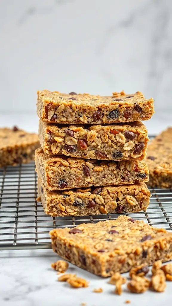 Homemade granola bars stacked on a cooling rack