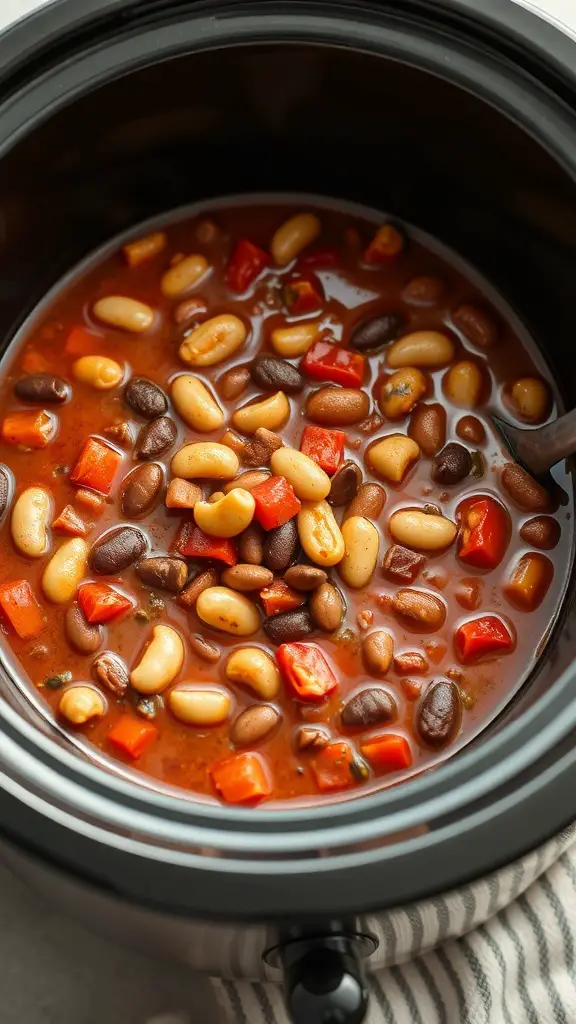 A close-up view of slow-cooked turkey chili in a black crockpot, featuring various beans and colorful peppers.