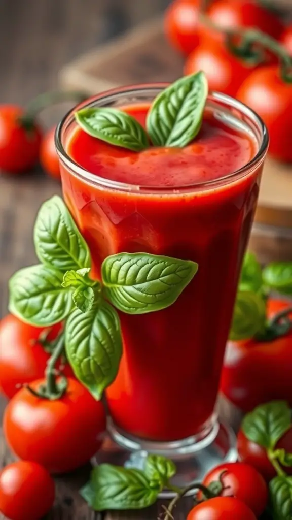A glass of creamy tomato basil smoothie garnished with fresh basil leaves, surrounded by ripe tomatoes.