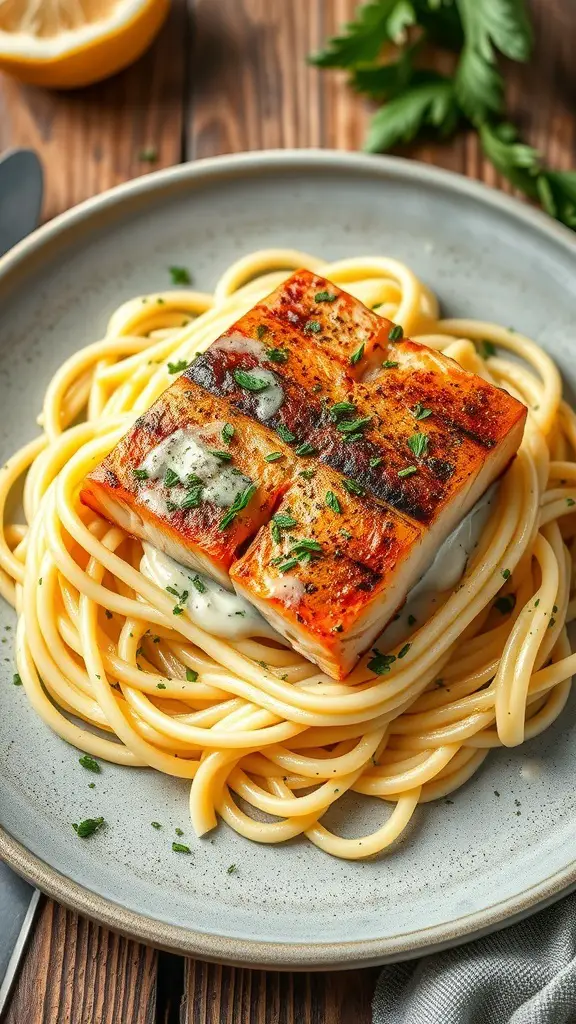 A plate of fettuccine alfredo topped with grilled salmon, garnished with parsley.