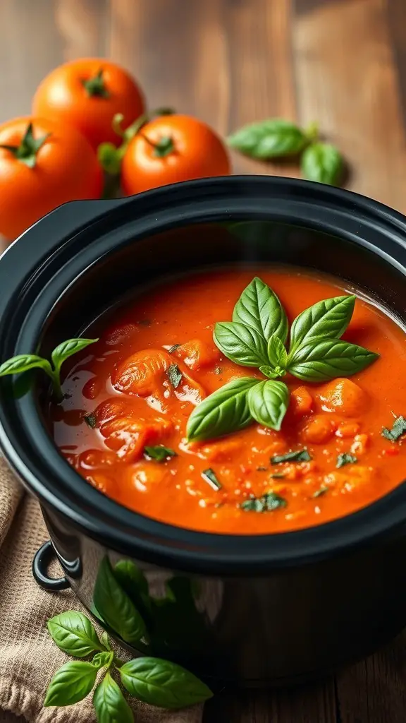A slow cooker filled with roasted tomato and basil soup, garnished with fresh basil leaves, with ripe tomatoes in the background.