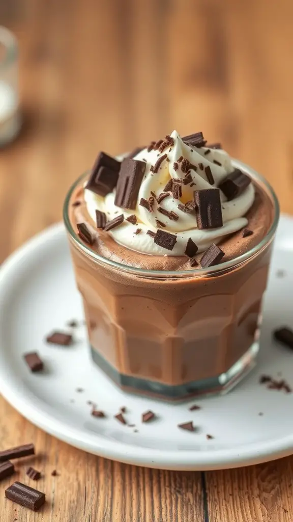 A glass of chocolate mousse topped with whipped cream and chocolate shavings, served on a plate.