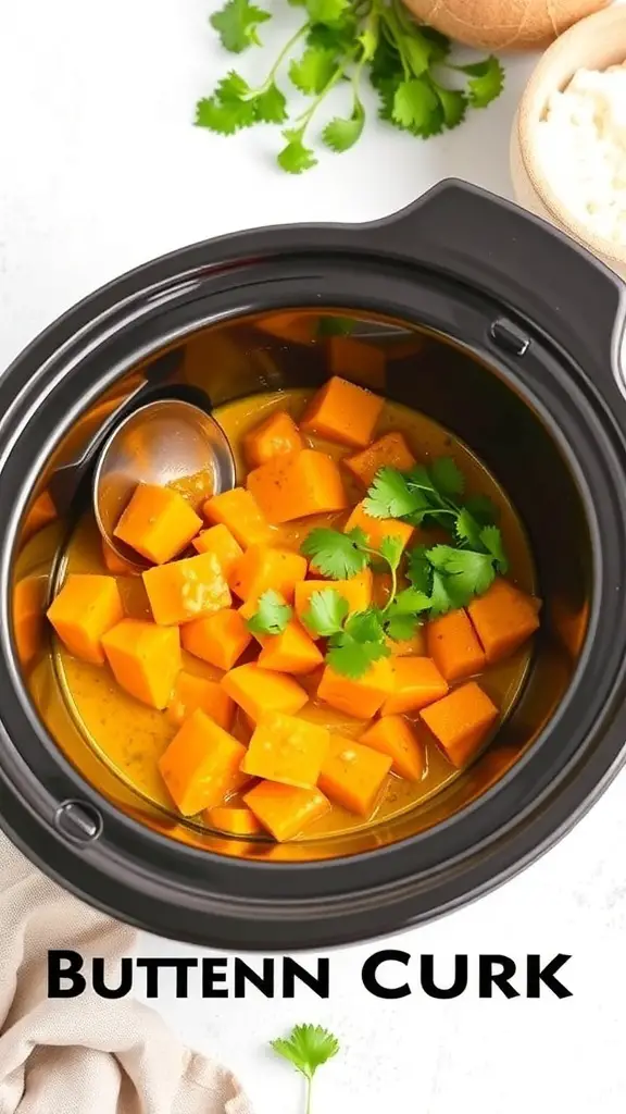 Coconut curry butternut squash in a slow cooker with cilantro on top