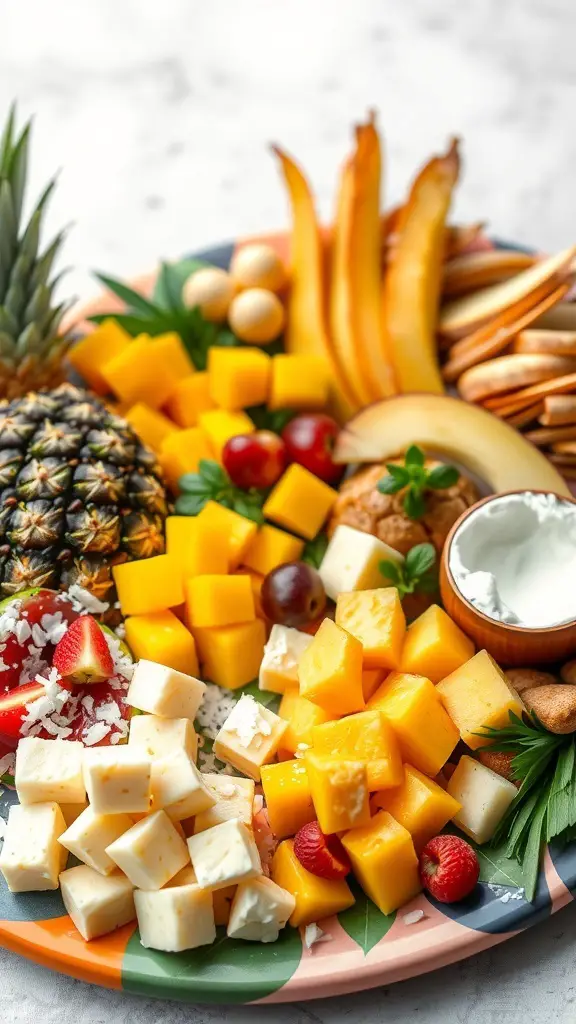 A colorful tropical charcuterie board featuring mango, pineapple, strawberries, and cheese.