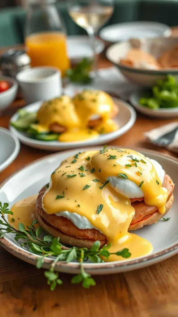 A plate of Classic Eggs Benedict with poached eggs, Canadian bacon, and hollandaise sauce on toasted English muffins.