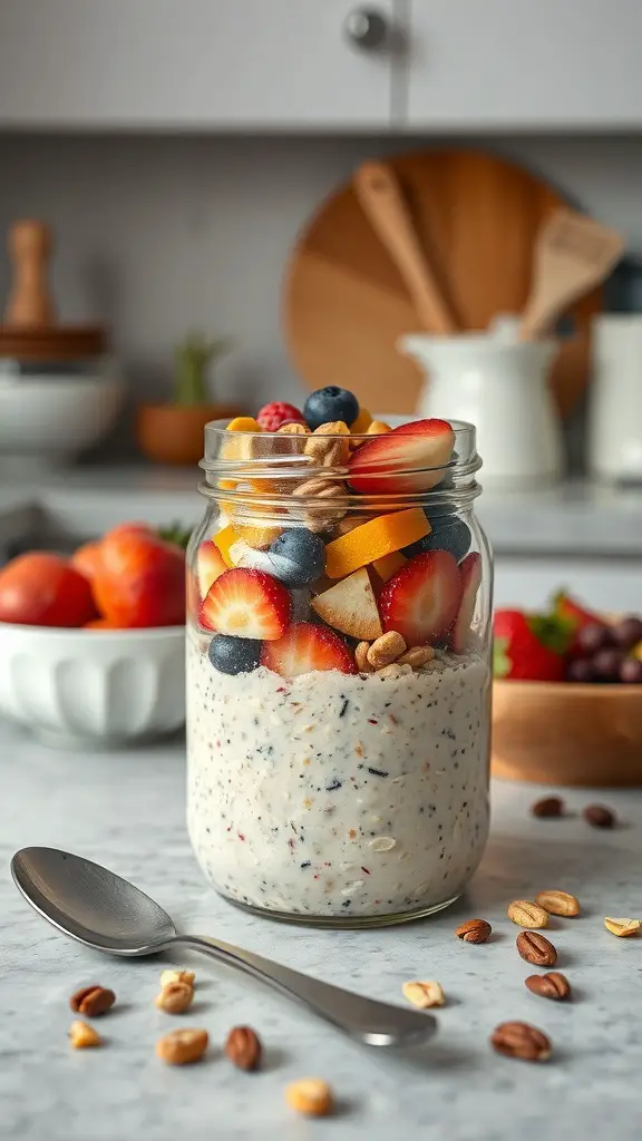 A jar of overnight oats topped with seasonal fruits like strawberries, blueberries, and mango, with nuts scattered around.