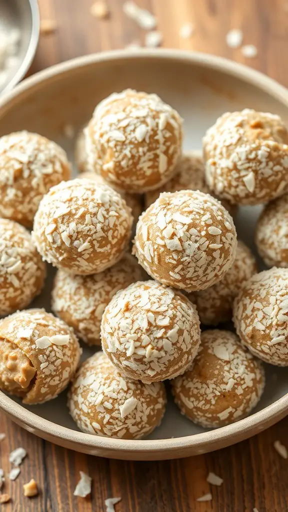A bowl of peanut butter protein balls coated in shredded coconut, placed on a wooden surface.