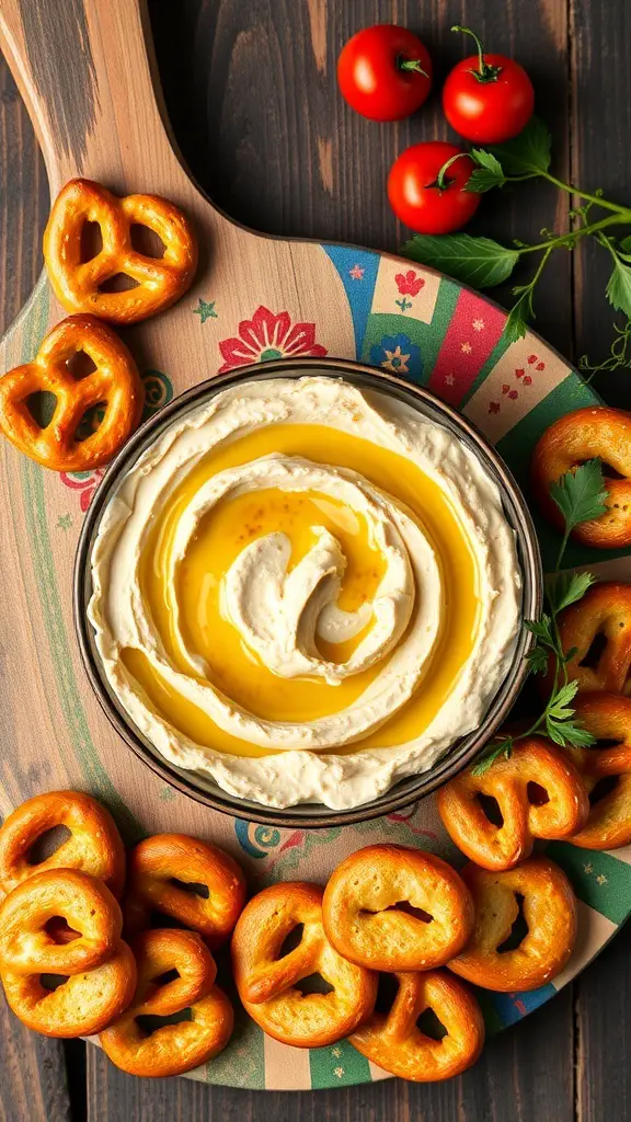A bowl of hummus with olive oil, surrounded by pretzels and cherry tomatoes on a wooden serving board.