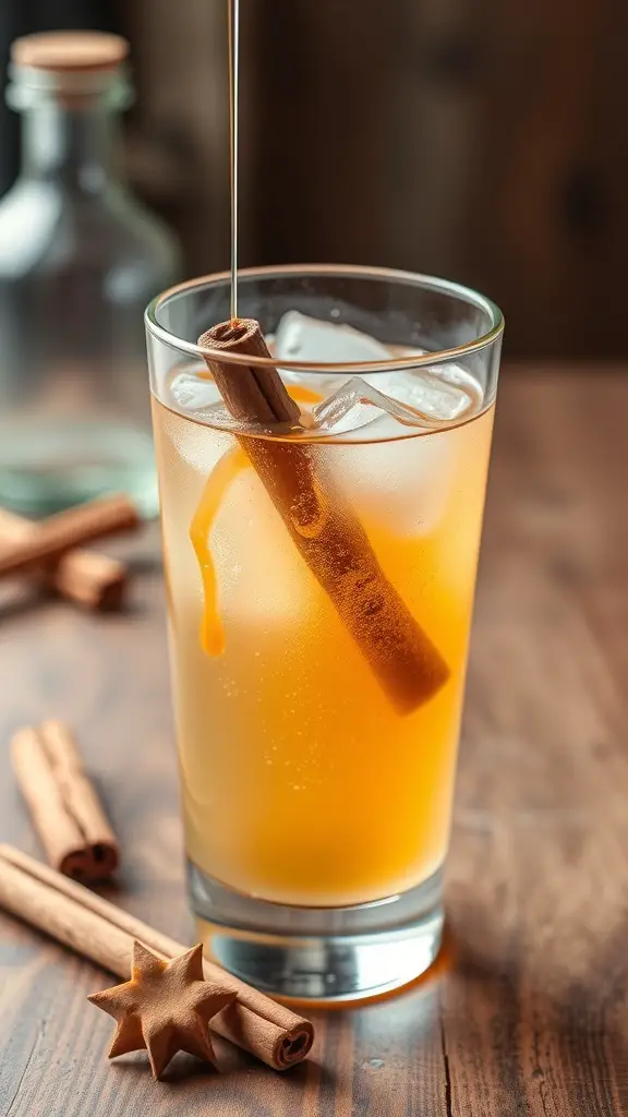 A glass of Maple Cinnamon Sparkle mocktail with ice and a cinnamon stick, surrounded by cinnamon sticks and star anise.