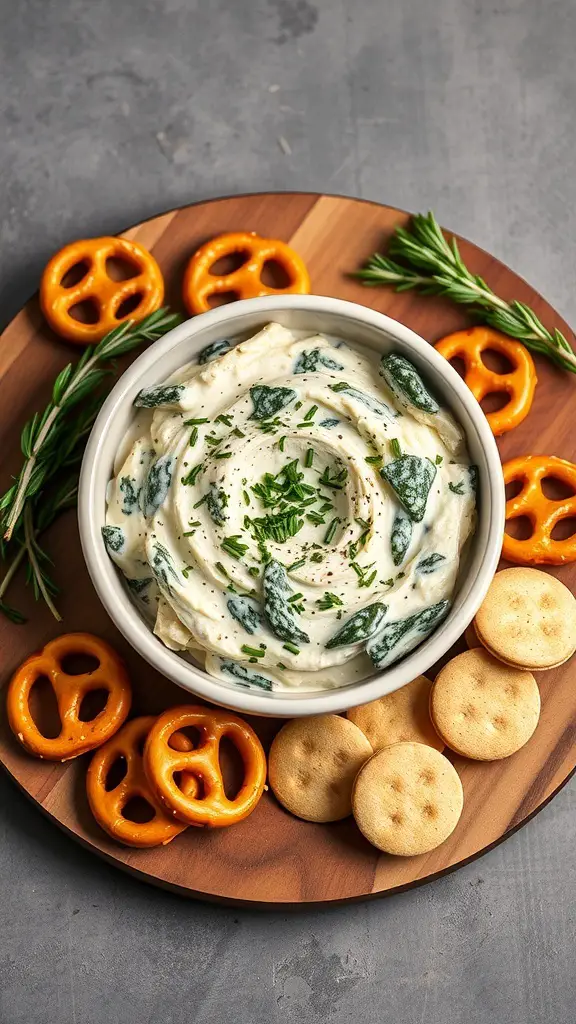 A bowl of creamy spinach artichoke dip surrounded by pretzels and crackers on a wooden platter.